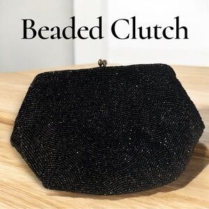 Vintage Black Shiny Beaded Clutch Satin Lined Evening Purse Kiss Lock Closure